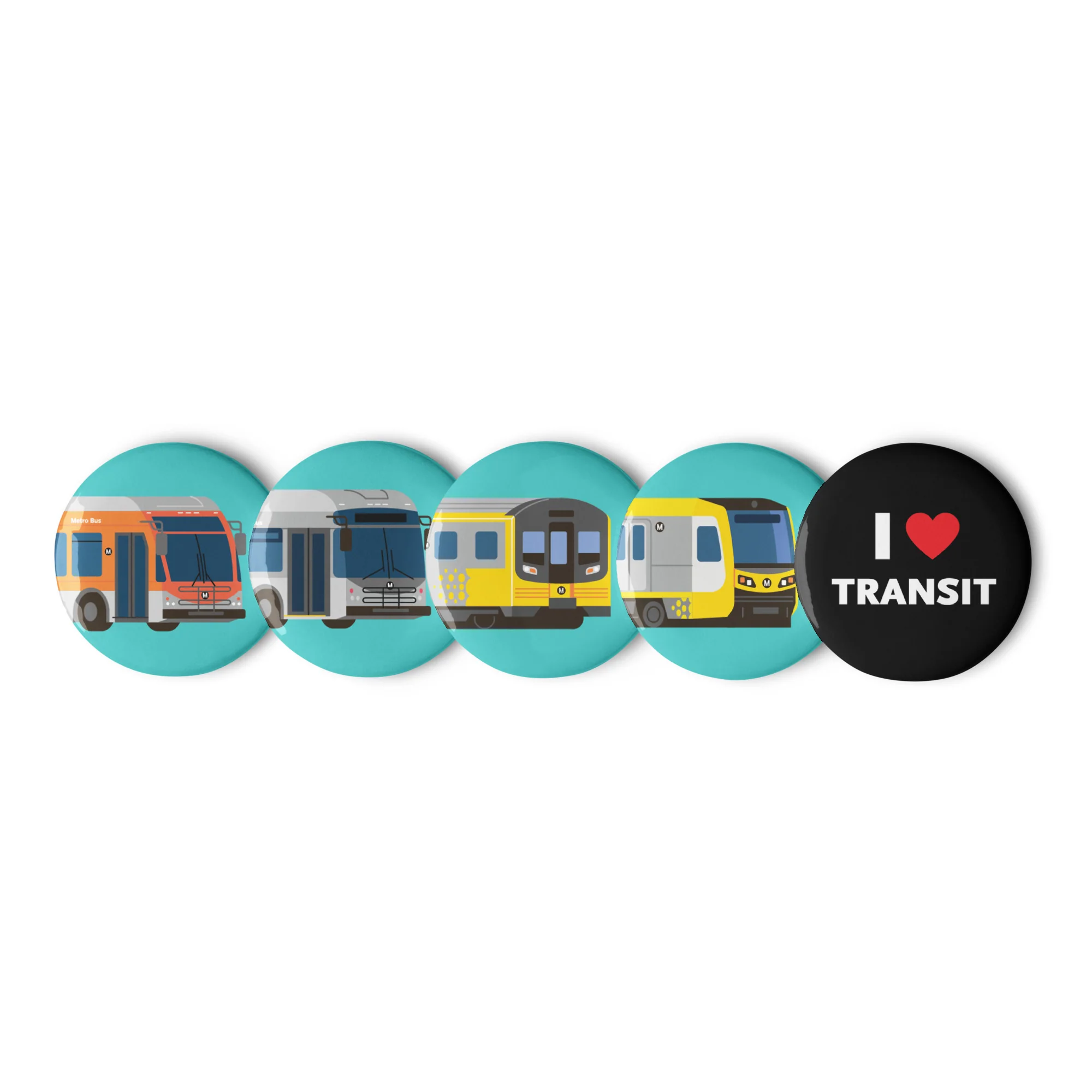 Buses and Trains Pin-Back Buttons 5-Pack